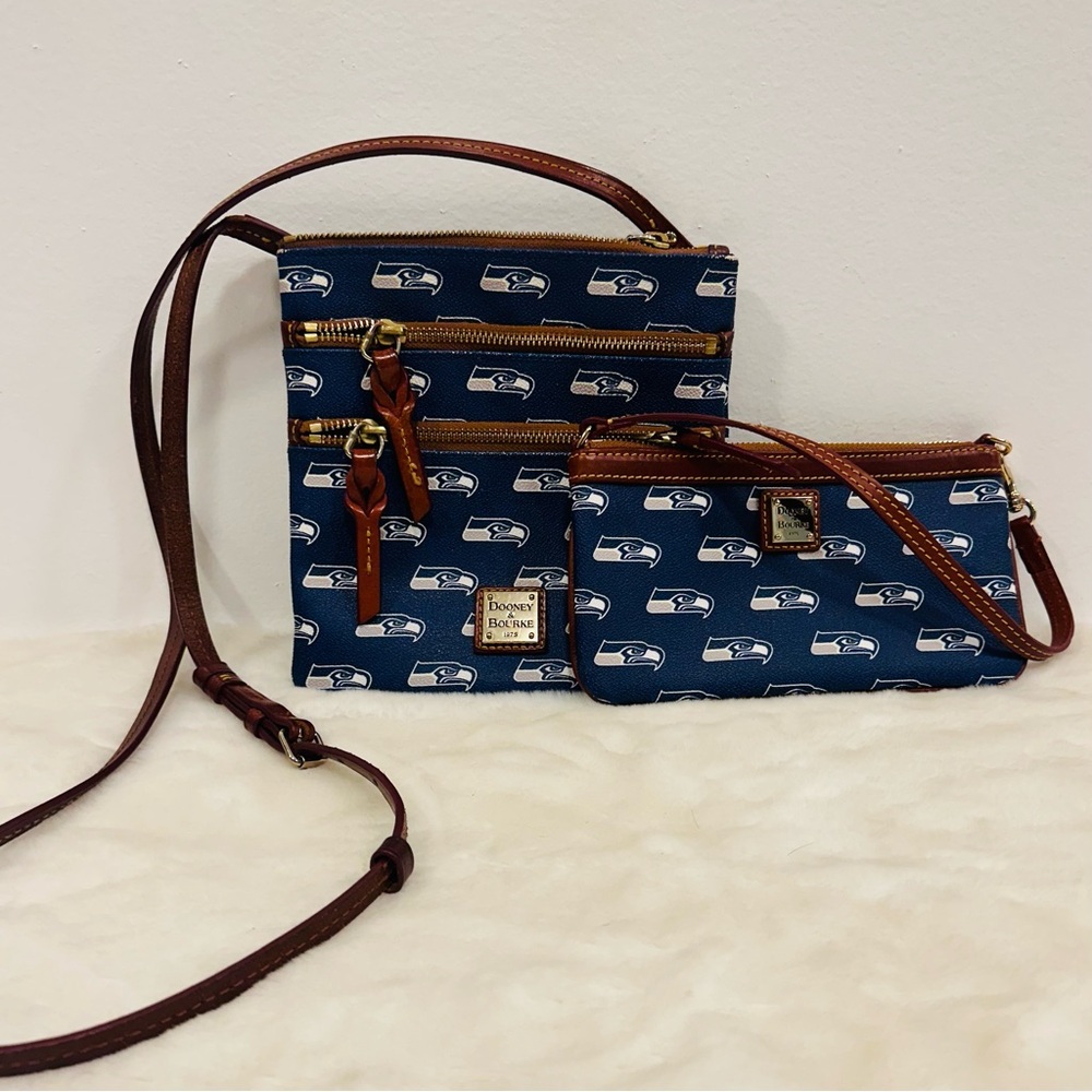 Dooney & Bourke Seattle Seahawks NFL Navy Logo Crossbody and Wristlet Set!